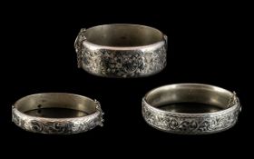 Antique and Vintage Sterling Silver Hinged Bangles ( 3 ) In Total. Various Sizes / Design.