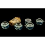 Chinese 5 Blue and White Bird Feeding Water Pots,