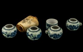 Chinese 5 Blue and White Bird Feeding Water Pots,