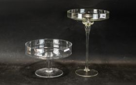 Two Glass Swedish Modern Style Comports on Stems, measuring 13" tall and 6.5" tall.