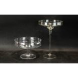 Two Glass Swedish Modern Style Comports on Stems, measuring 13" tall and 6.5" tall.