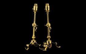 Pair of Unusual Brass Adjustable Table Lamps supported on petal shaped legs, stamped 'Patent'; 15.