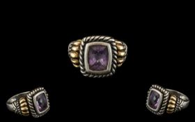 Large Amethyst Ring Set In Silver and Gold Stamped 925 & 18K.