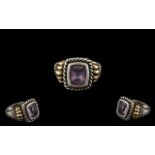 Large Amethyst Ring Set In Silver and Gold Stamped 925 & 18K.