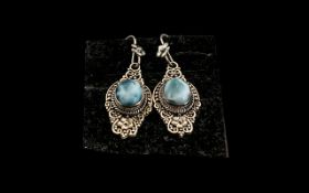 Larimar Long Drop Earrings, two solitair