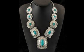 Turquoise Howlite 'Tribal' Statement Necklace, large, graduated, decorated plaques set with oval and