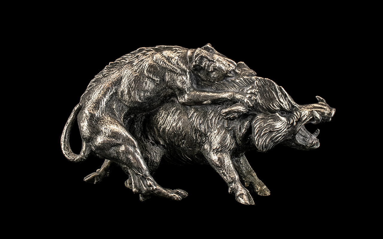 Victorian White Metal Cast Model of Dog ( Ridgeback ) Attacking Wild Boar. - Bild 2 aus 2
