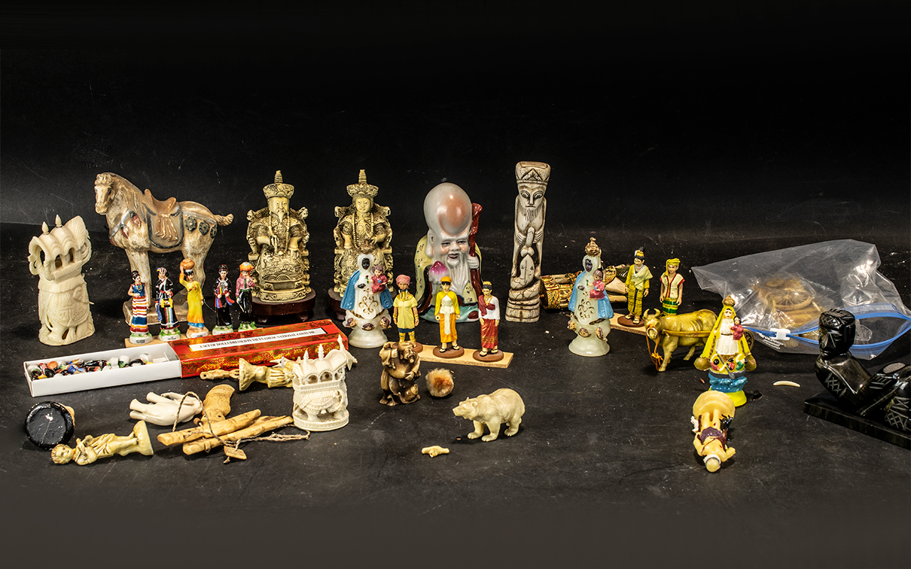 Collection of Assorted Small Oriental Items, including carved figurines, elephants, horses,