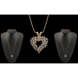 Attractive 9ct Gold Heart Shaped Diamond Set Pendant Drop,