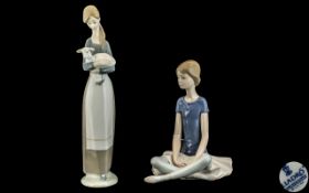 Two Lladro Figures, a seated Ballerina and Young Girl with Lamb, No. *4505. Tallest 11".