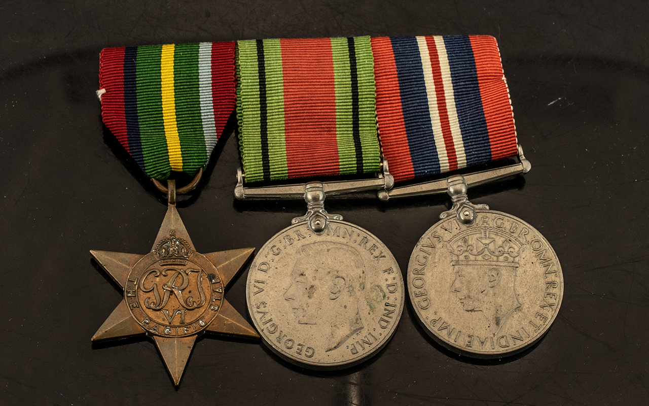 Military Interest, Set Of 3 WWII Medals On Bar Comprising The Defense Medal,