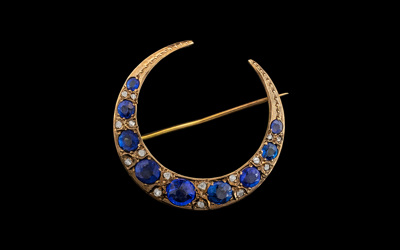 Antique Period Superb 15ct Gold - Sapphire and Diamond Set Crescent Moon Shaped Brooch. c.