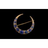 Antique Period Superb 15ct Gold - Sapphire and Diamond Set Crescent Moon Shaped Brooch. c.