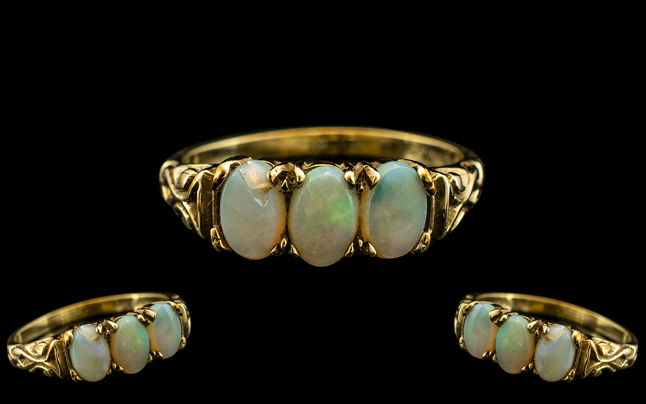 Ladies - Attractive 9ct Yellow Gold - 3 Stone Opal Set Ring, Ornate Setting,