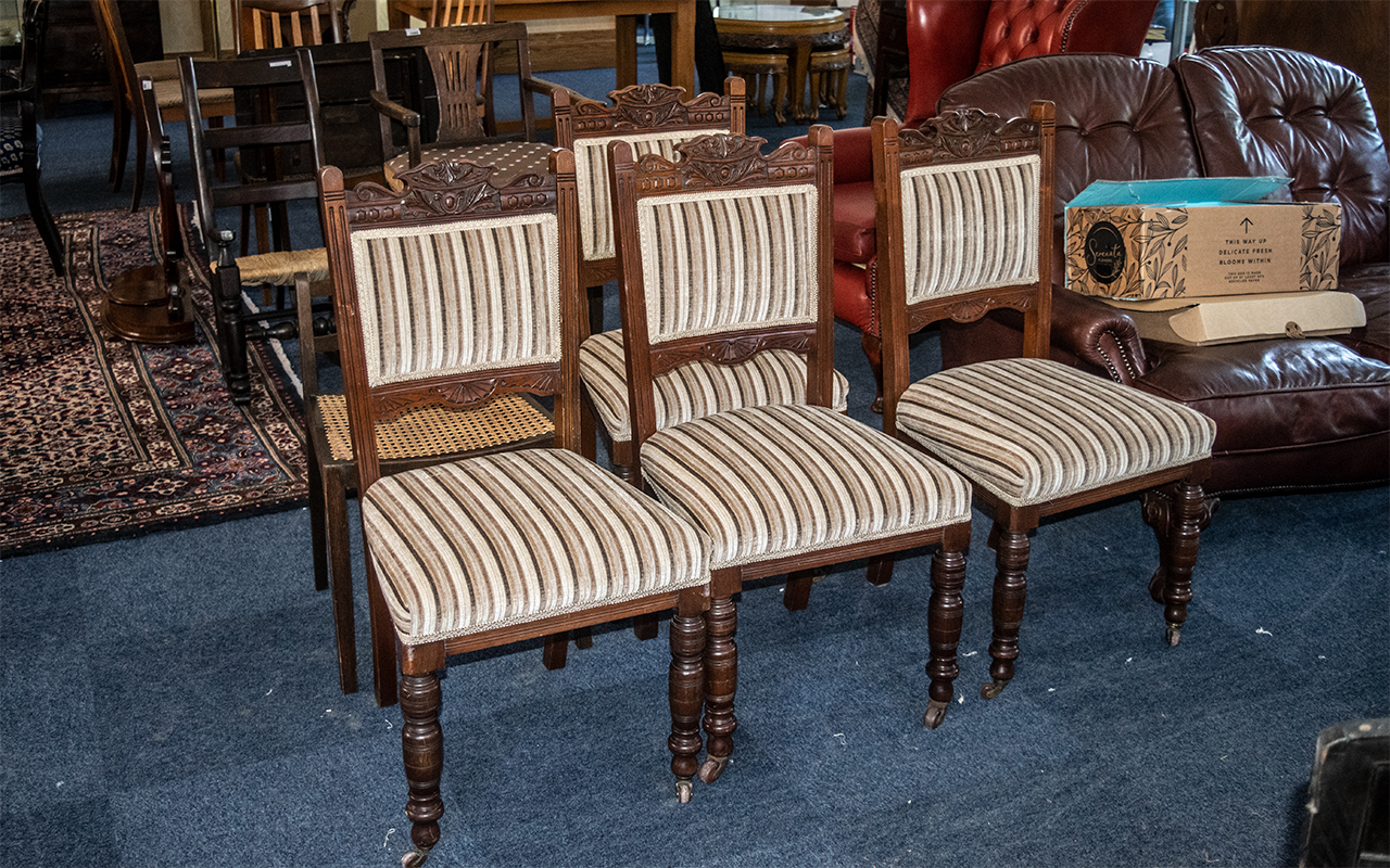 Four Edwardian Upholstered Walnut Dining Chairs, padded back and seat, together with a Begere seated - Image 2 of 4