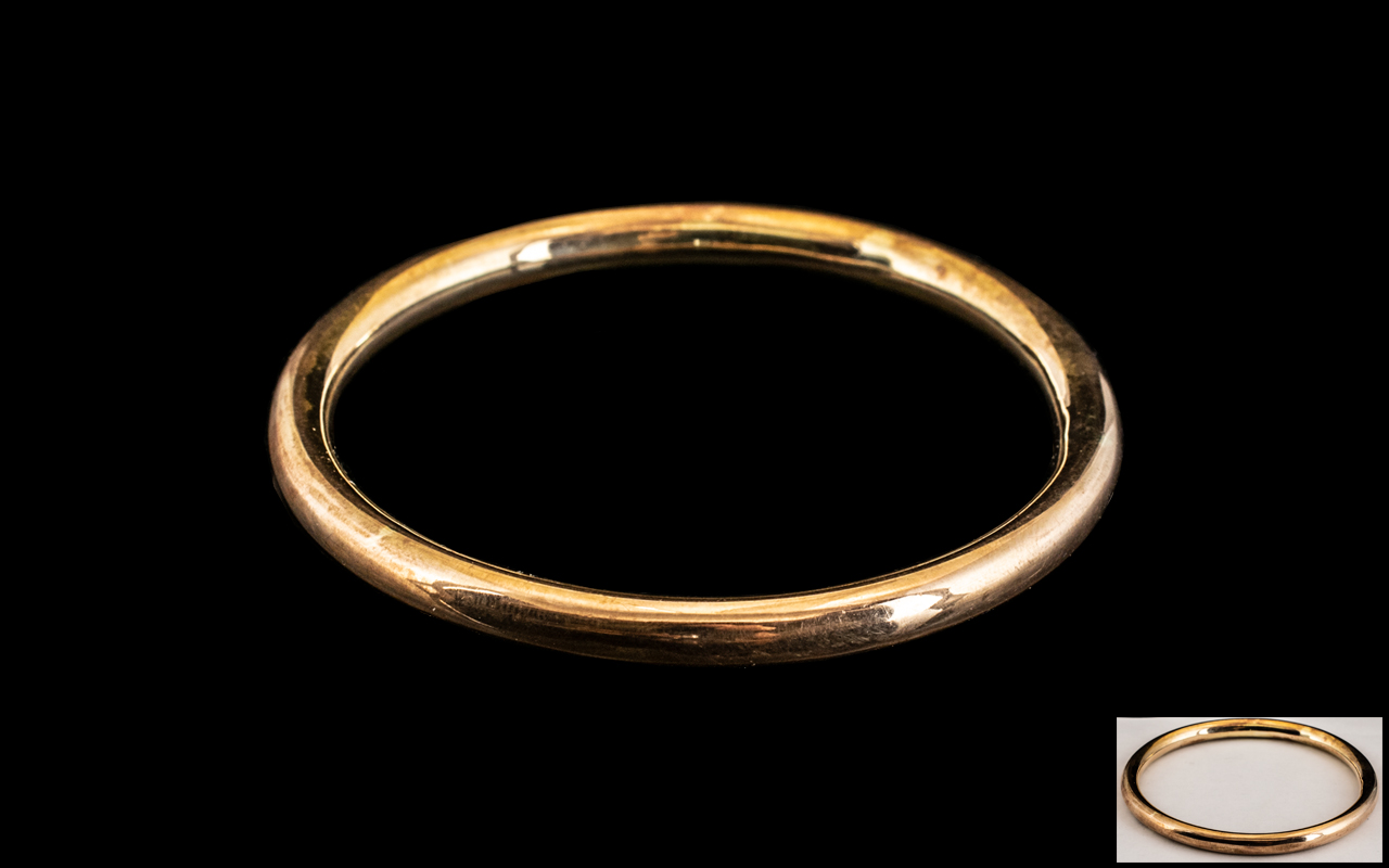 Antique Period - 9ct Attractive Rose Gold Hollow Bangle of Plain Form. Marked 9ct Gold.