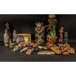 Collection of Oriental Items, including Thai puppets, carved dolls, statues, masks, etc.