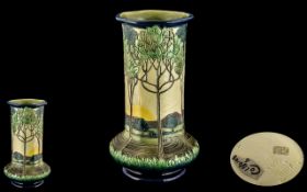 Burmantofts Art Nouveau Parti Ware Vase, sun rising through trees design,