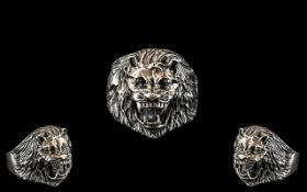 Large and Impressive Silver Ring in the Form of a Roaring Lion,