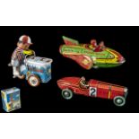 Japanese 1970's Tin Plate Wind Up Toys ( 3 ) In Total. Comprises 1/ Rocket Racer, 7.5 Inches - 18.