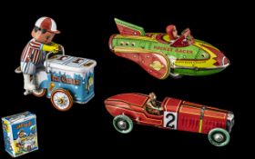 Japanese 1970's Tin Plate Wind Up Toys ( 3 ) In Total. Comprises 1/ Rocket Racer, 7.5 Inches - 18.