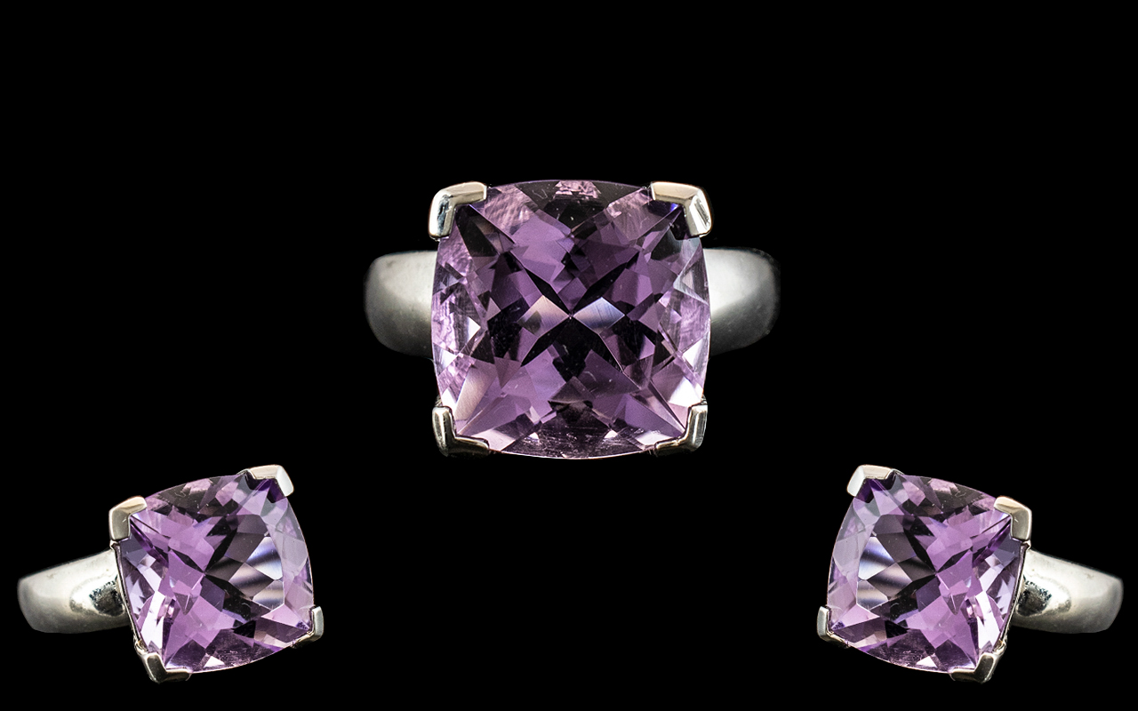 Ladies - Large and Impressive Sterling Silver Single Stone Amethyst Set Dress Ring,