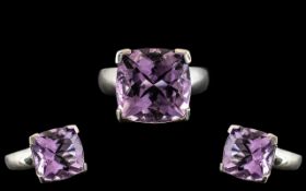 Ladies - Large and Impressive Sterling Silver Single Stone Amethyst Set Dress Ring,