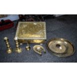 Assorted Brass Oddments comprising lidded slipper box, pair of Victorian candlesticks,