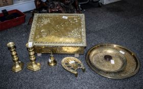 Assorted Brass Oddments comprising lidded slipper box, pair of Victorian candlesticks,