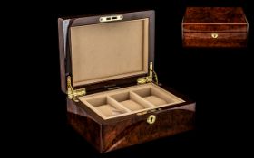 Hillwood - Superb Quality Burl-Walnut Watch Display Lidded Box + Key ( Gold ) With Fitted Calf