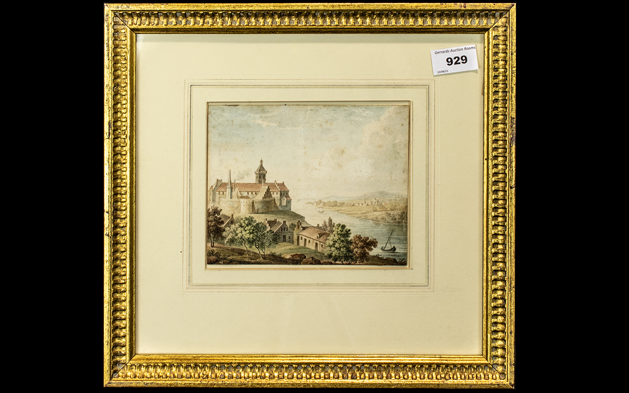 Small Continental Watercolour Drawing depicting a river landscape with a castle; unsigned, c1830s,