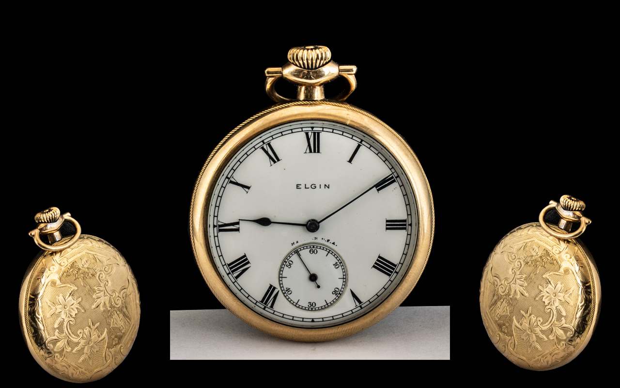 Elgin - Signed Gold Filled Open Faced Keyless Pocket Watch with Ornate Chased Decoration to Back - Bild 2 aus 2