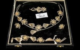 Italian Vintage Silvered Metal Suite of Lace Design Jewellery, Finely Detailed Workmanship,