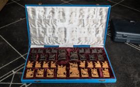 Very Unusual Hand Carved? Camphor Wood Chess Set In Blue Case - No Board.