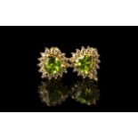 Peridot Trillion Halo Stud Earrings, trillion cut solitaire peridots, each of .