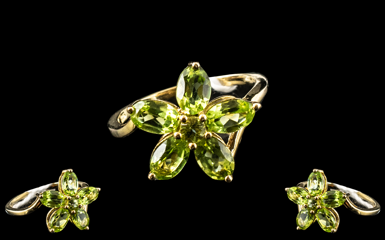 Peridot Flower Cluster Ring, five oval, luscious green peridot 'petals' totalling 2.