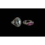 Two Sterling Silver Rings - Swiss Topaz, London Blue Colour Size Q, and pink oval stone silver