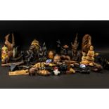 Collection of Small Oriental Items, comprising small carved elephants, wooden figures, birds,