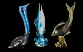 Murano - Superb Quality Trio of Glass Novelty Fish Figures Including a Large Stylised Shark Figure.