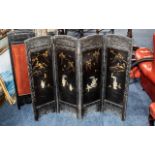Chinese Fire Screen in four panelled parts, black, decorated with carved bone figures and floral