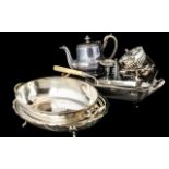 Three Silver Plated Entree Dishes ( No Lids ) Plated Chamber Stick, Small Plated Teapot,