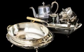 Three Silver Plated Entree Dishes ( No Lids ) Plated Chamber Stick, Small Plated Teapot,