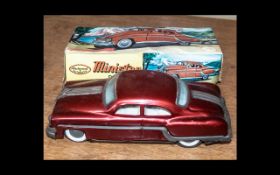 Vintage Boxed Minister Delux Tinplate Saloon Car, (T.Red), Regd.No.