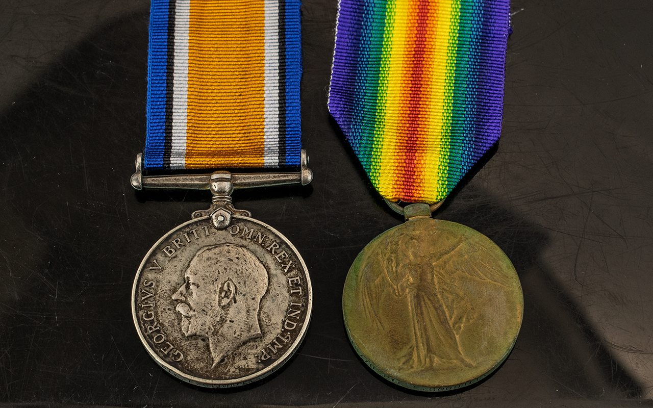 WWI MEDAL DUO, 19770 PTE E GOODILL East Lancs Rgt.
