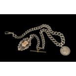 Victorian Period Sterling Silver Albert Chain with Attached Fob and Jubilee 1887 Silver Shilling.