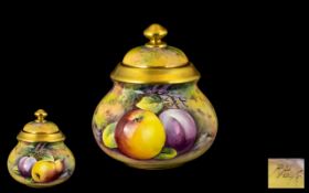 Royal Worcester Ex-Artist Signed and Hand Painted Lidded Preserve Pot ' Fallen Fruits ' Plums,