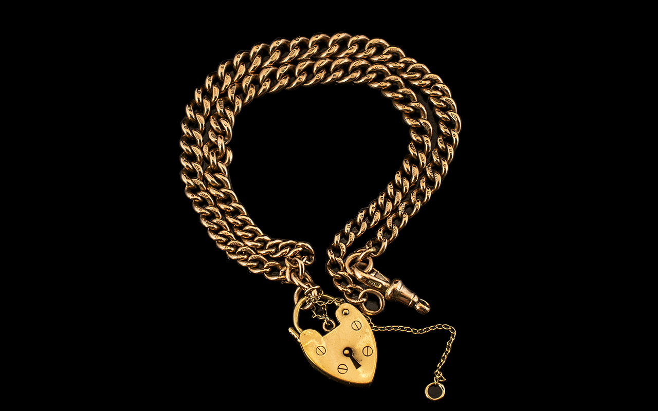 Antique Period - 9ct Gold Double Albert Bracelet with Heart Shaped Padlock. All Links Stamped 9.