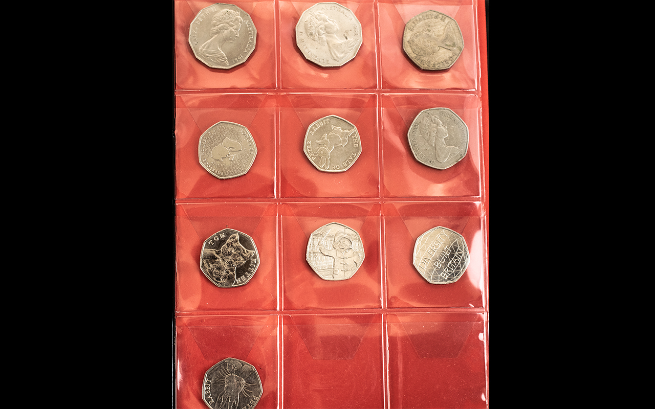 Coin Folder of Mixed British Coins, 50p pieces, silver threepences, sixpences, farthings,