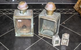 Four Original Brass Ship's Lamps, two large, each measuring 19", and two small 6" tall lamps. A/f.