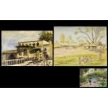 A Collection of Antique Watercolour Drawings - Indian village scene with children playing,